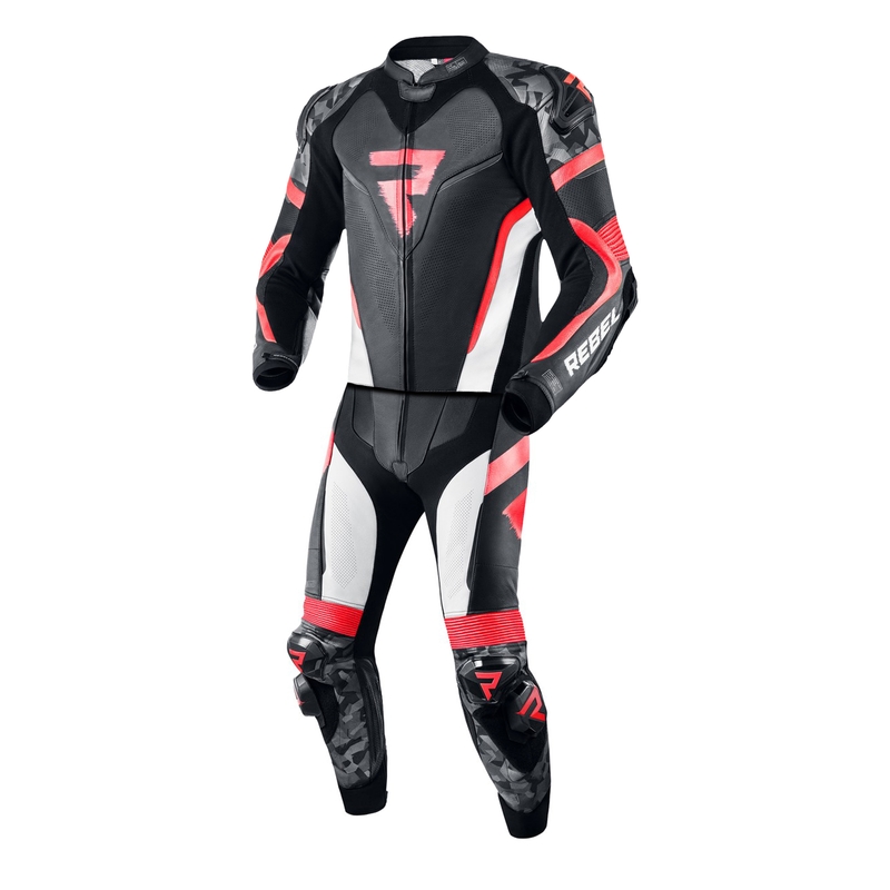 Tuta da moto Rebelhorn Rebel nero-bianco-rosso fluo Saldi