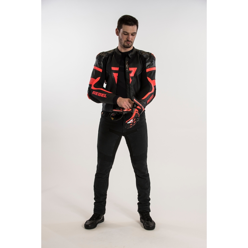 Giacca da moto Rebelhorn Rebel nero-rosso fluo Saldi