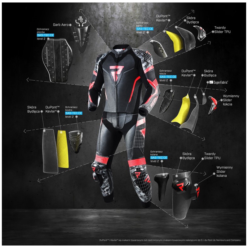 Tuta da moto Rebelhorn Rebel nero-bianco-rosso fluo Saldi