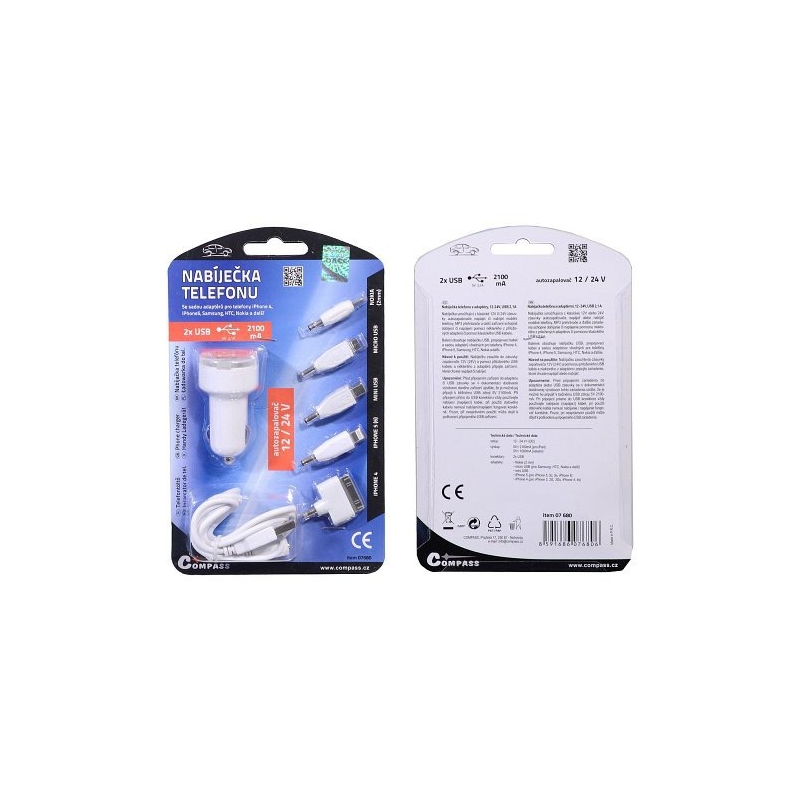 Caricabatterie per telefono 12V 2,1A (iPhone 4/5/6, micro USB, Nokia)