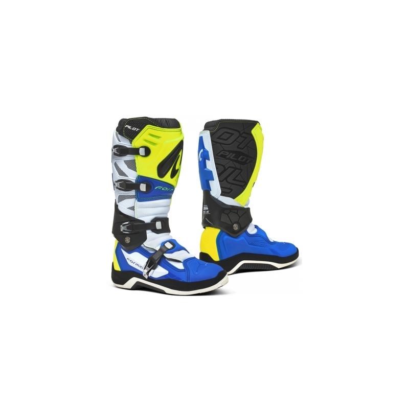 Stivali da moto Forma Pilot blu-bianco-giallo fluo