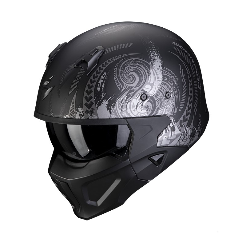 Otevřená přilba s maskou SCORPION COVERT-X TATTOO matná černo-stříbrná