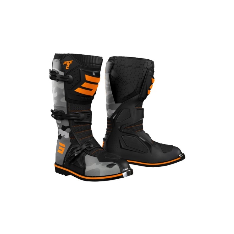 Stivali da moto Shot Race 2 nero-camo-arancio fluo