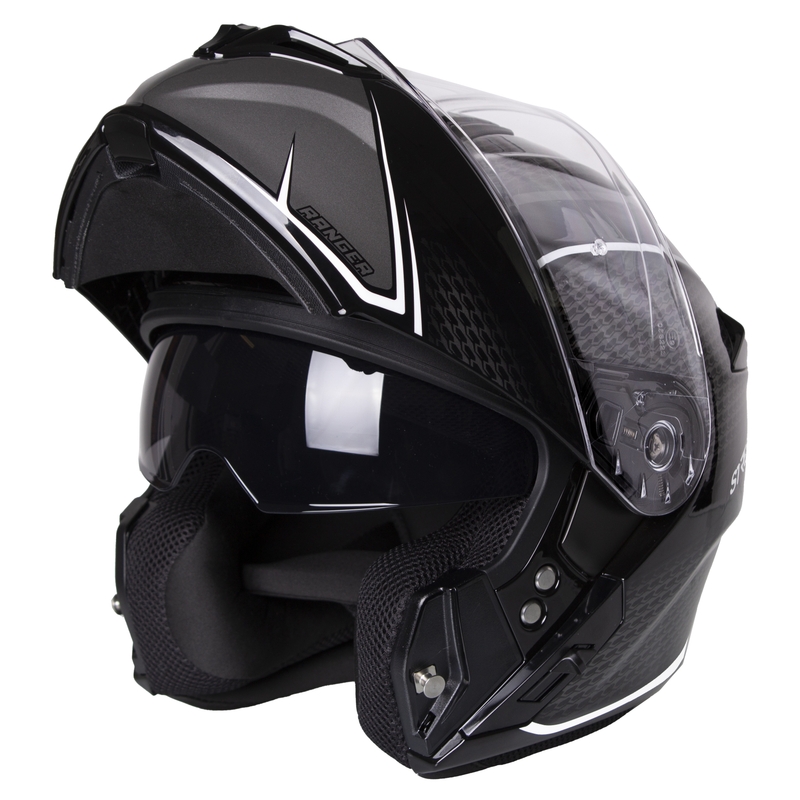 Casco da motociclista Street Racer Ranger nero e bianco, ribaltabile