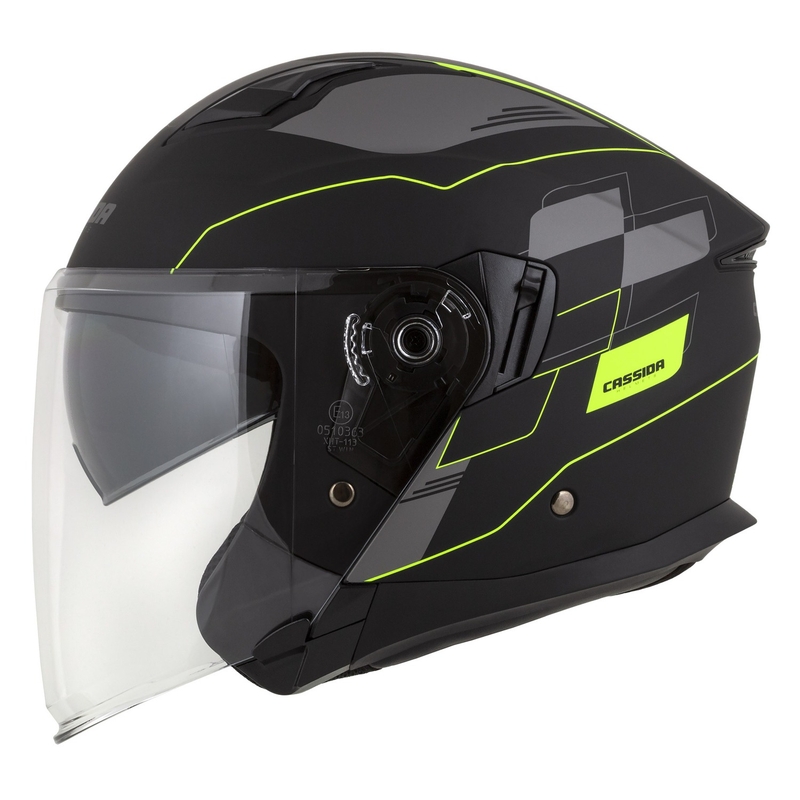 Casco moto aperto Cassida Jet Tech Roxor nero-grigio-giallo fluo opaco Saldi