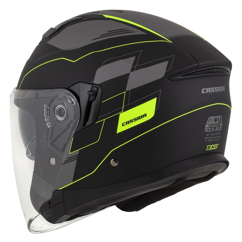 Casco moto aperto Cassida Jet Tech Roxor nero-grigio-giallo fluo opaco Saldi