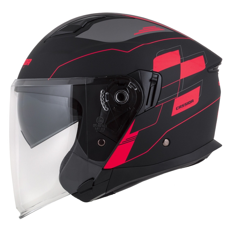Casco moto aperto Cassida Jet Tech Roxor nero-grigio-rosso fluo opaco