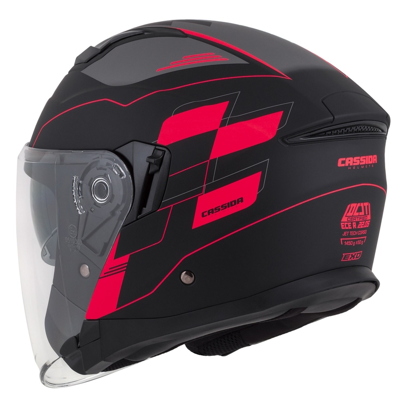 Casco moto aperto Cassida Jet Tech Roxor nero-grigio-rosso fluo opaco