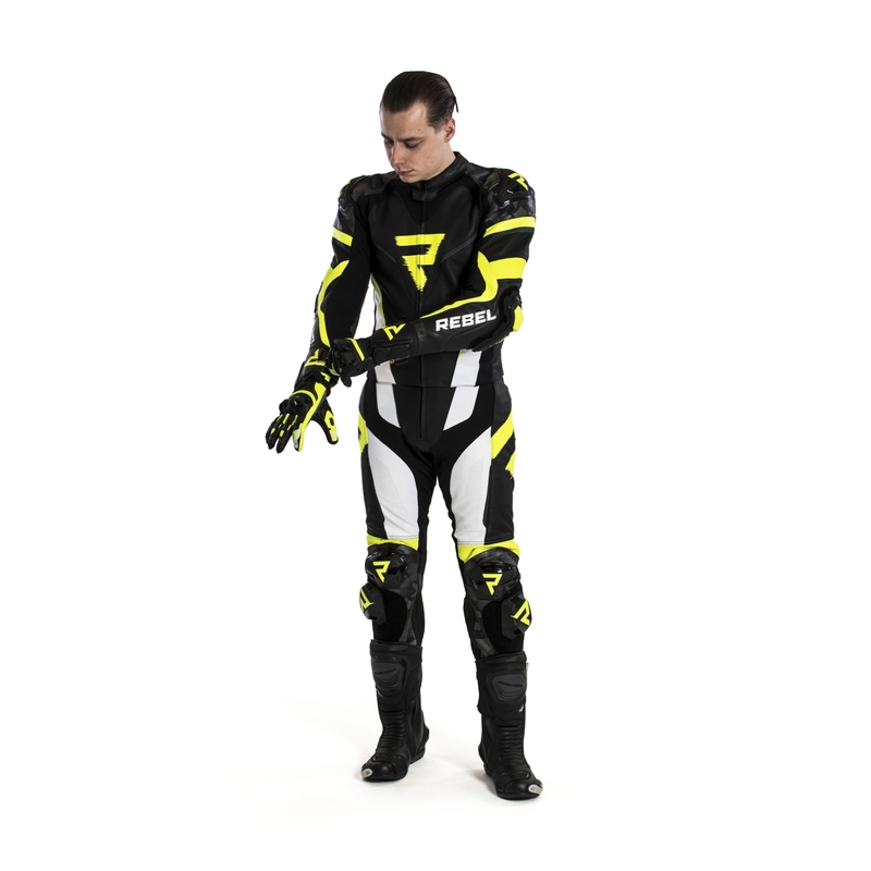 Tuta da moto Rebelhorn Rebel nero-bianco-giallo fluo Saldi