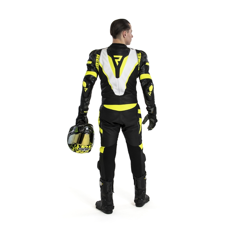 Tuta da moto Rebelhorn Rebel nero-bianco-giallo fluo Saldi