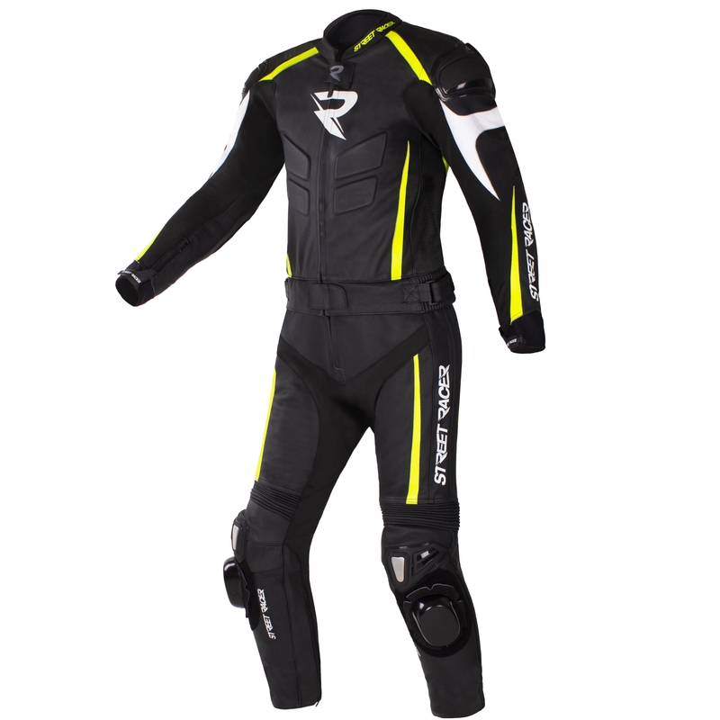 Tuta moto Street Racer Fast Track 2 nero-bianco-giallo fluo Saldi