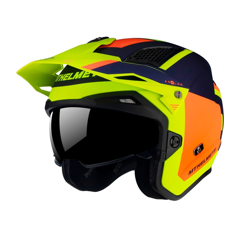 MT District SV Analog D27 casco moto trial aperto blu-arancio-giallo fluo