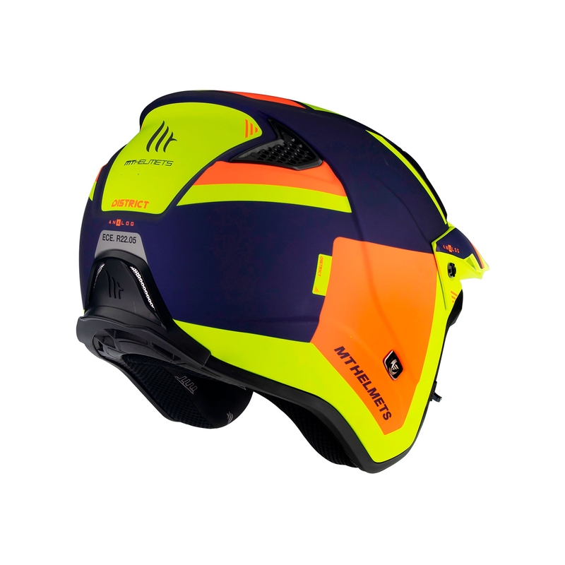 MT District SV Analog D27 casco moto trial aperto blu-arancio-giallo fluo
