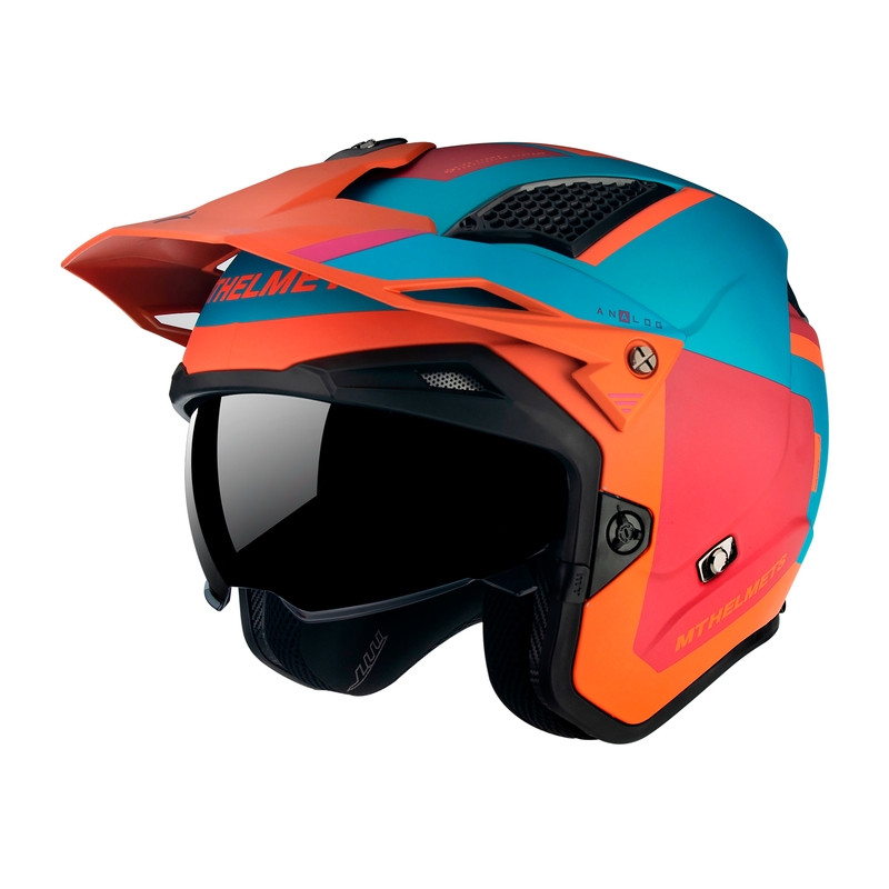 MT District SV Analog D24 casco moto da trial aperto rosso-blu-arancio