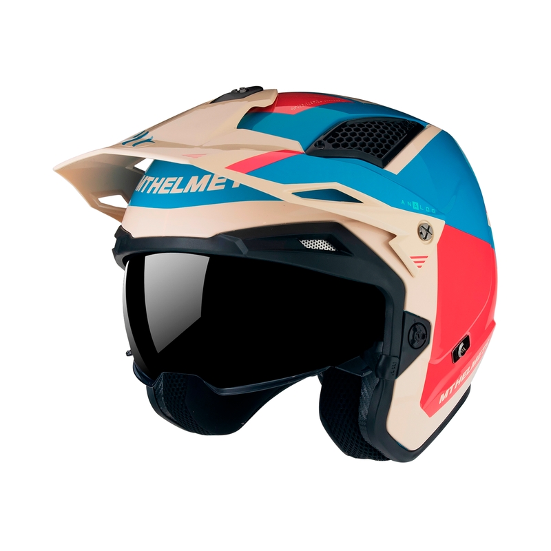 MT District SV Analog D7 casco moto trial aperto rosso-blu-beige