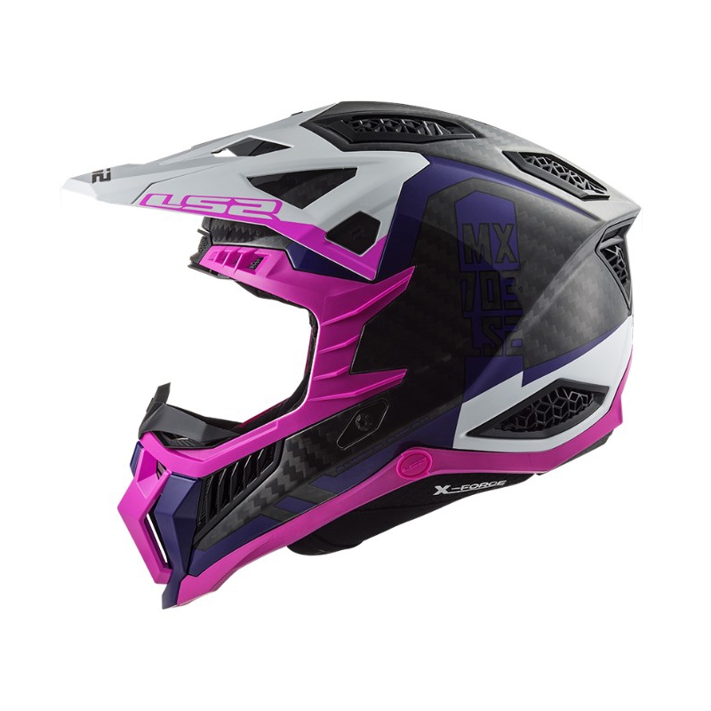 Casco da motocross LS2 MX703 C X-Force Victory nero-bianco-viola-rosa