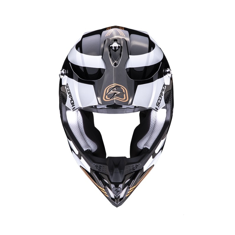 Motokrosová přilba Scorpion VX-16 EVO AIR TUB černo-bílo-zlatá metalická