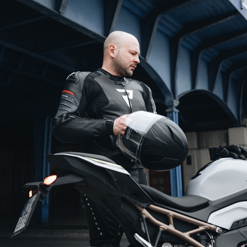 Giacca da moto in pelle Rebelhorn Veloce nero-rosso fluo