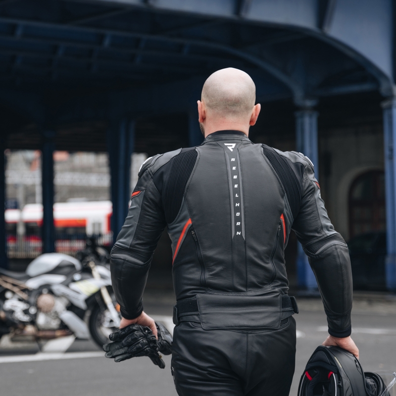 Giacca da moto in pelle Rebelhorn Veloce nero-rosso fluo