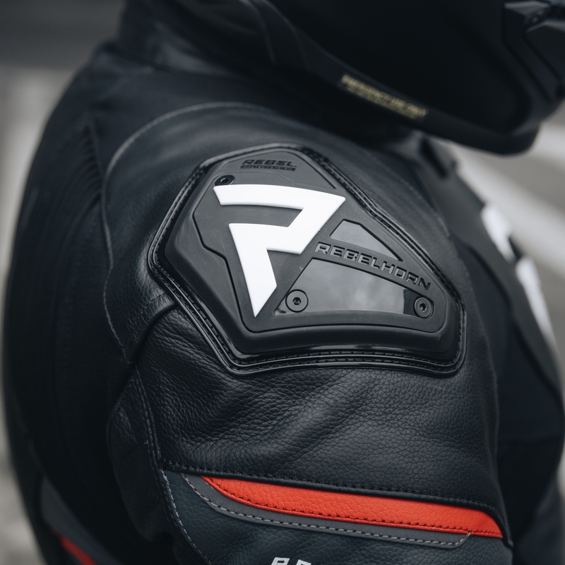 Giacca da moto in pelle Rebelhorn Veloce nero-rosso fluo