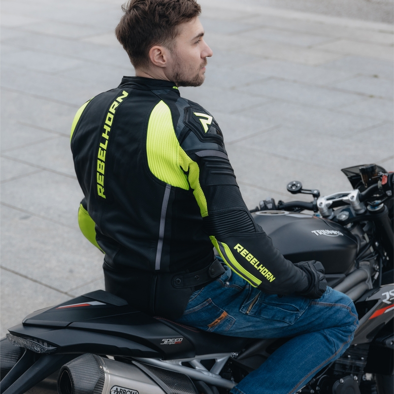 Giacca da moto in pelle Rebelhorn Vandal nero-giallo fluo Saldi
