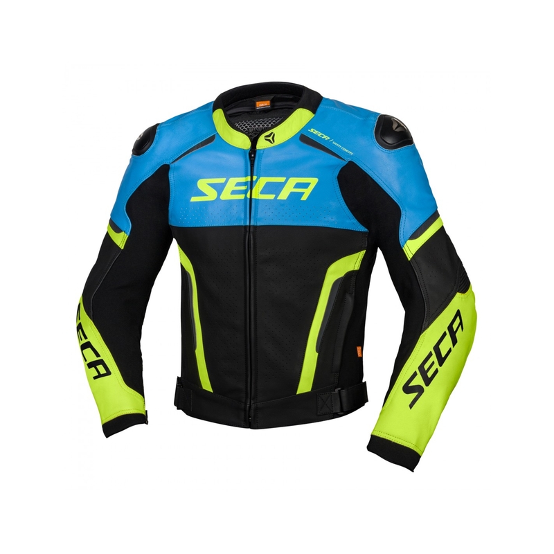 Saldi giacca da motociclista in pelle SECA Hooligan blu-giallo fluo