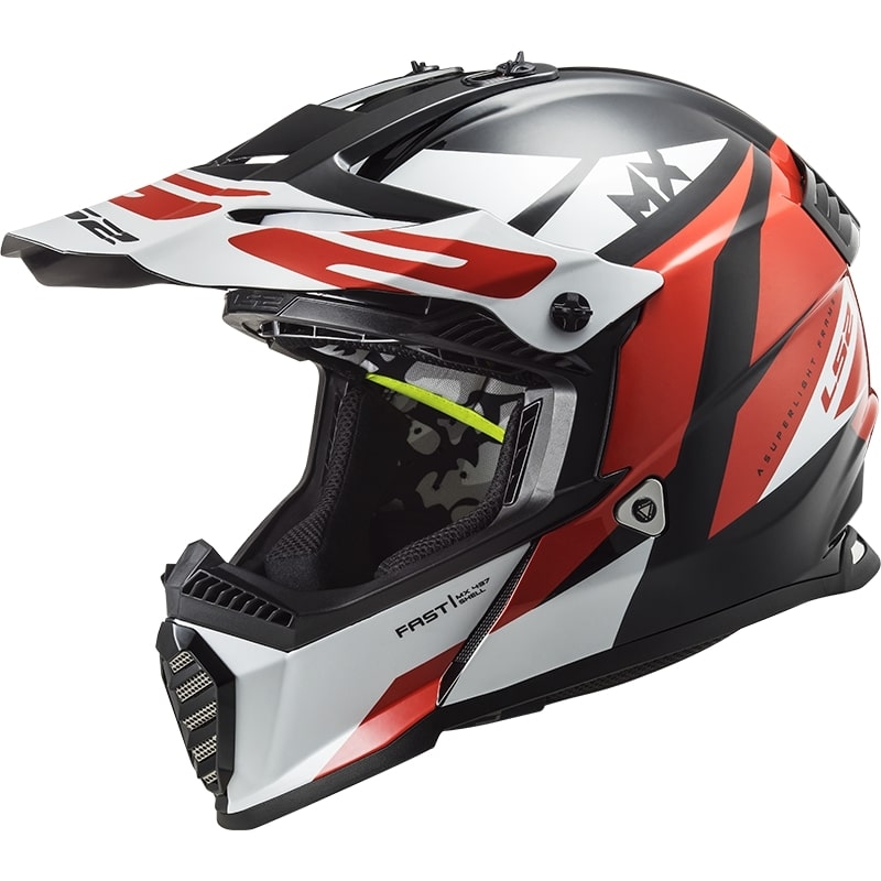 Casco da motocross per bambini LS2 MX437 FAST EVO MINI STRIKE nero-bianco-rosso