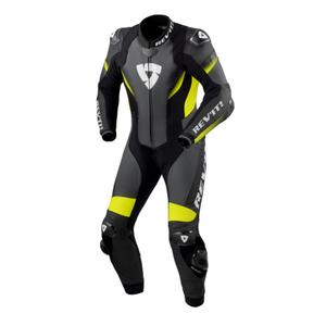 Revit Control Tuta da moto in pelle nera-gialla fluo