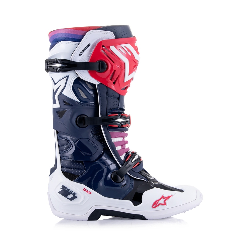Stivali da moto perforati Alpinestars Tech 10 Supervented blu scuro-bianco-rosso-viola