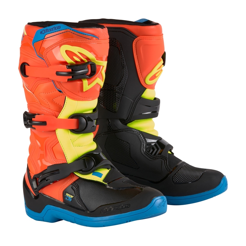 Alpinestars Tech 3S Youth 2024 arancio-fluo-blu-giallo-fluo-nero stivali da moto per bambini
