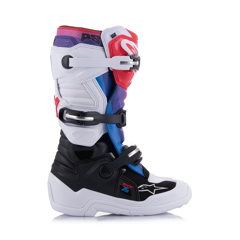 Stivali da motocross Alpinestars Tech 7 S per bambini, bianchi, neri, rossi, blu e viola
