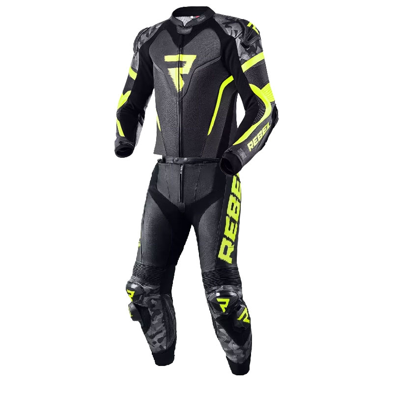Tuta da moto Rebelhorn Rebel nero-grigio-giallo fluo