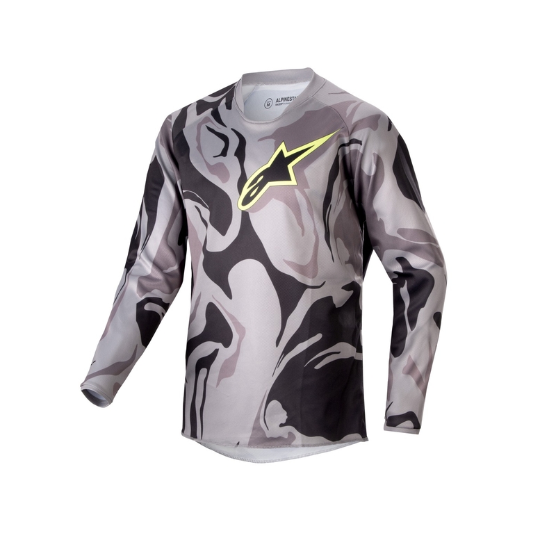 Maglia da motocross per bambini Alpinestars Racer Tactical 2024 grigio mimetico-giallo fluo-nero