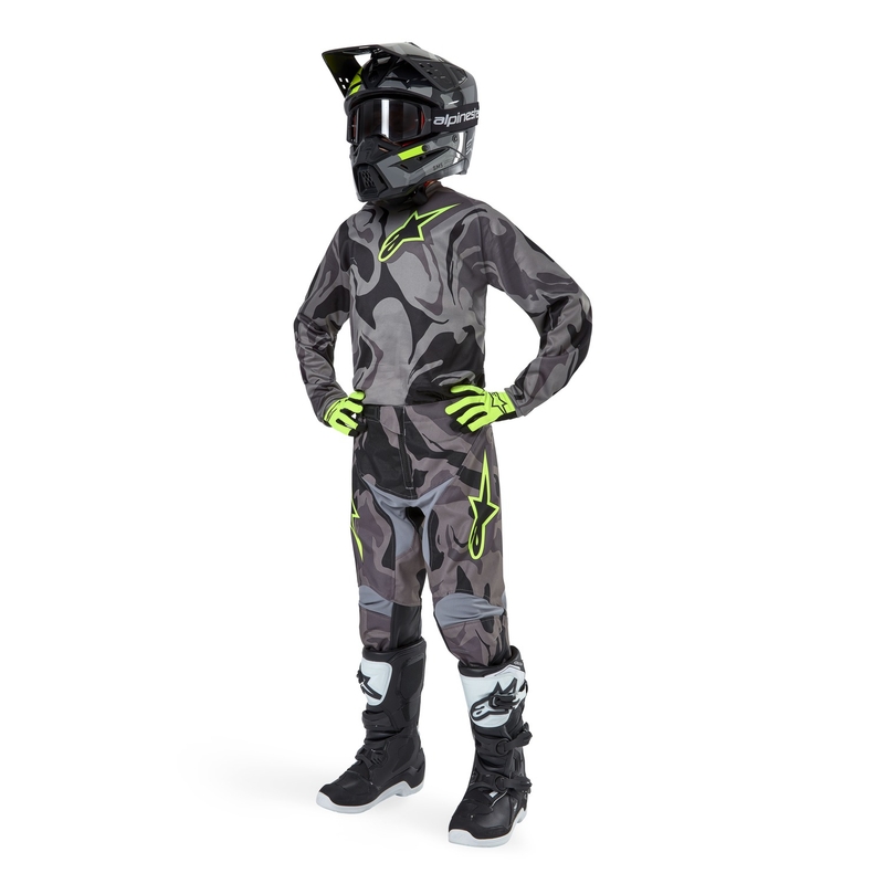 Maglia da motocross per bambini Alpinestars Racer Tactical 2024 grigio mimetico-giallo fluo-nero