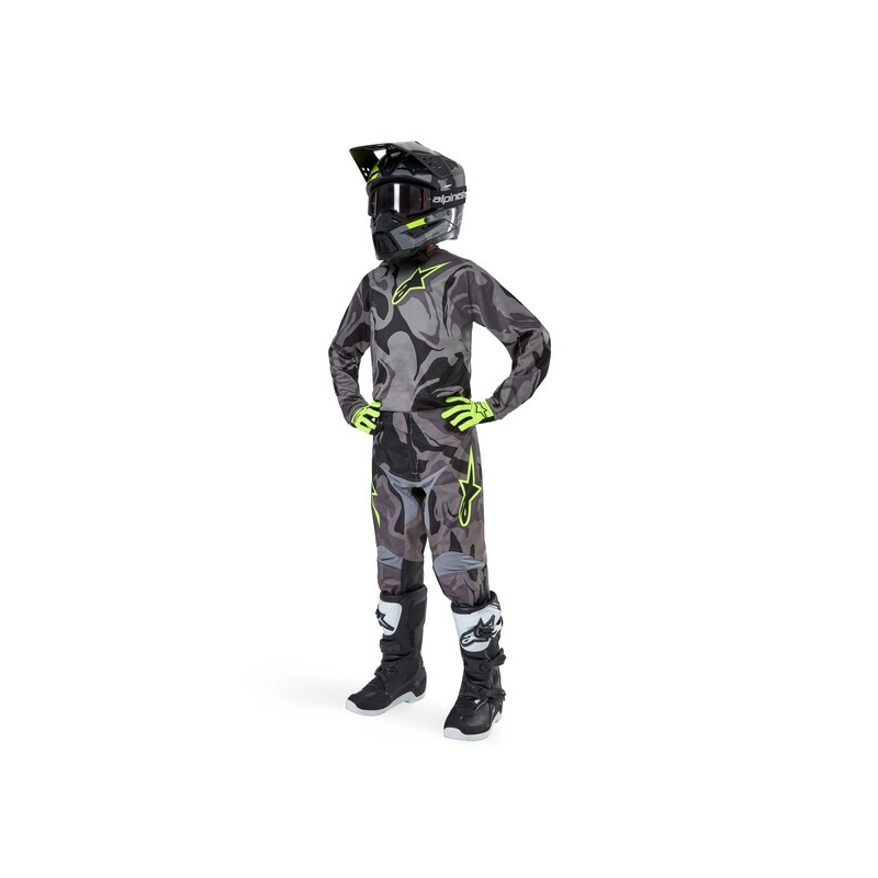 Alpinestars Racer Tactical 2024 Pantaloni da motocross per bambini grigio camo-giallo fluo-nero