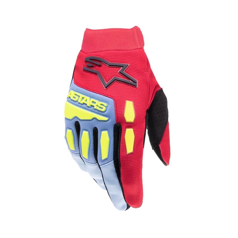 Alpinestars Full Bore 2024 guanti da motocross per bambini blu chiaro-rosso-giallo fluo-nero
