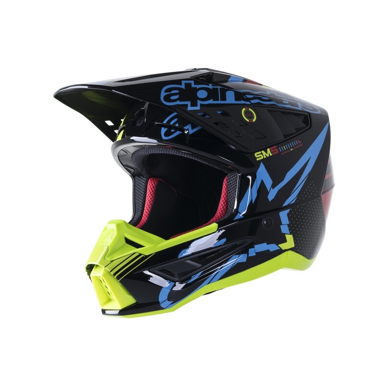 Casco da motocross Alpinestars S-M5 Action giallo fluo-nero-blu-rosso scuro