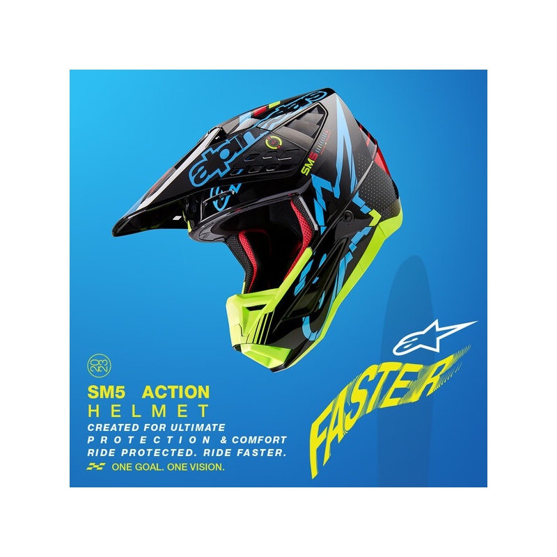 Casco da motocross Alpinestars S-M5 Action giallo fluo-nero-blu-rosso scuro