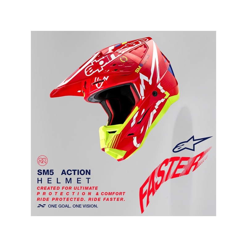 Casco da motocross Alpinestars S-M5 Action rosso-giallo fluo-bianco-blu