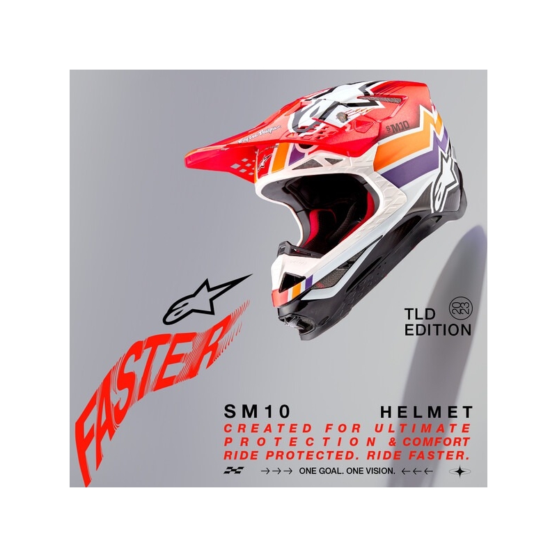 Casco da motocross Alpinestars Supertech S-M10 Edition Troy Lee Designs arancio-giallo-viola-bianco-nero