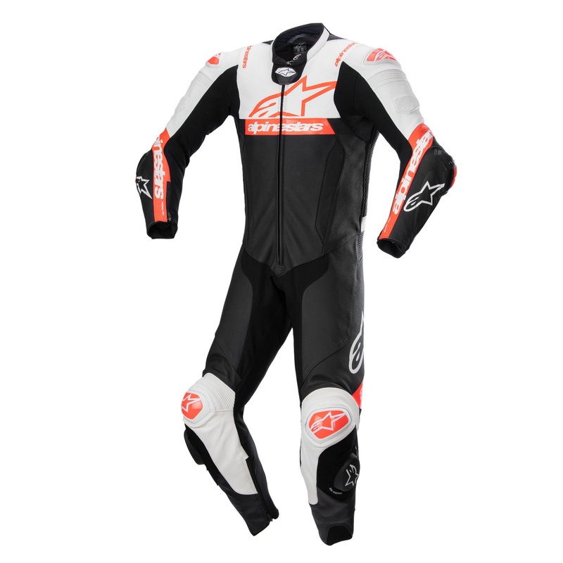 Alpinestars Missile 2 Ward Tuta da moto in pelle nero-bianco-rosso fluo