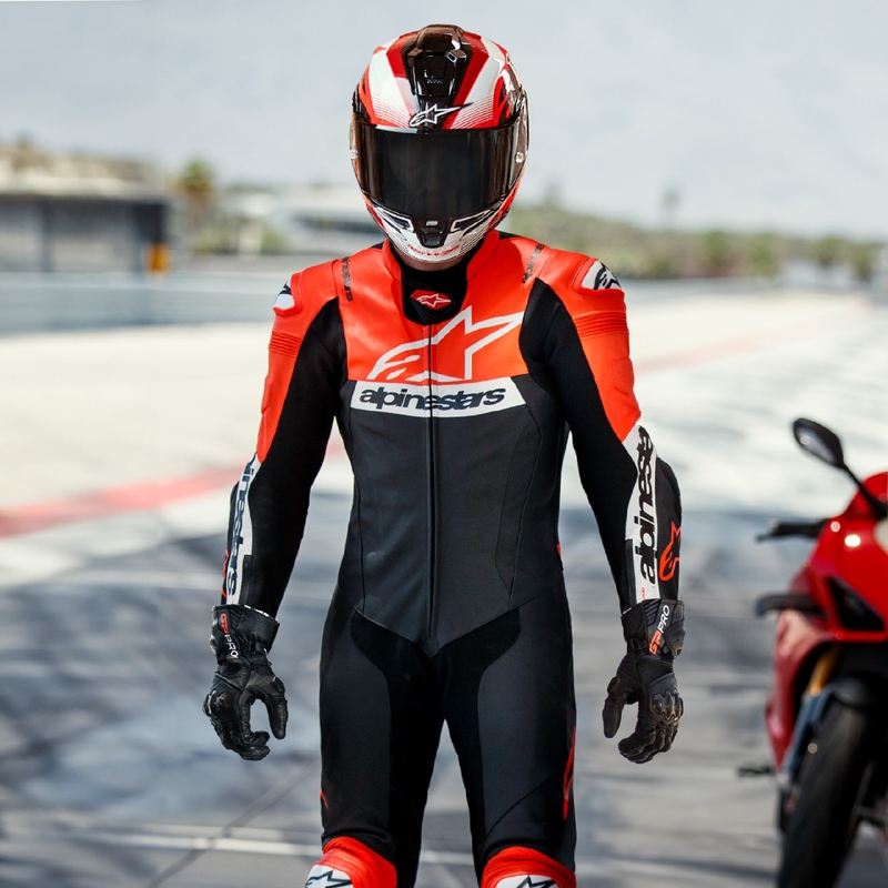 Alpinestars Missile 2 Ward Tuta da moto in pelle nera-rosso-fluo-bianca