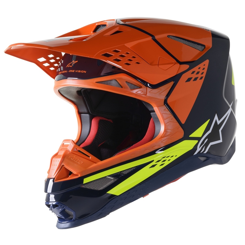 Casco Motocross Alpinestars Supertech S-M8 Factory Blu Scuro-Arancio-Giallo Fluo Lucido