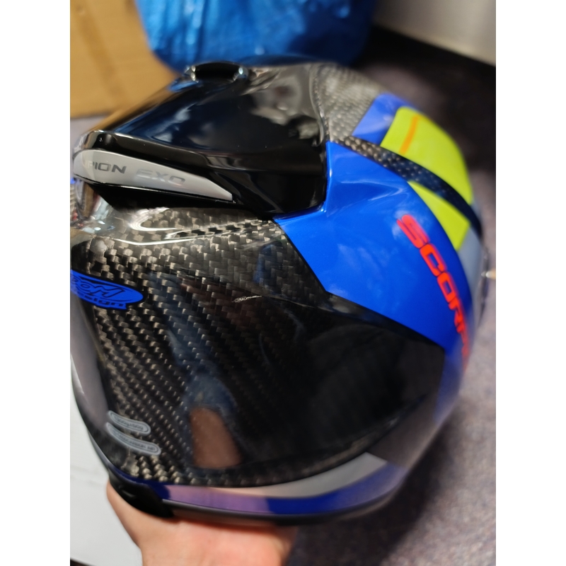 Casco moto integrale Scorpion Exo-1400 Carbon Air Legione blu-giallo fluo - Grado II