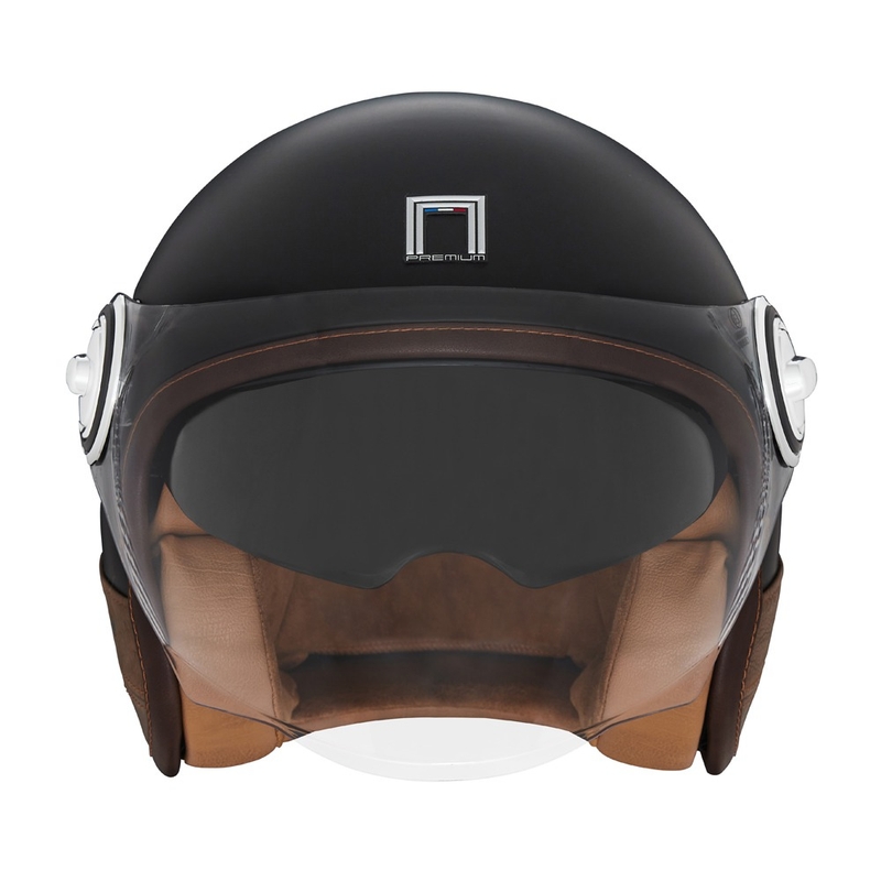 Casco da moto aperto NOX PREMIUM Heritage, nero opaco con inserti in pelle marrone.