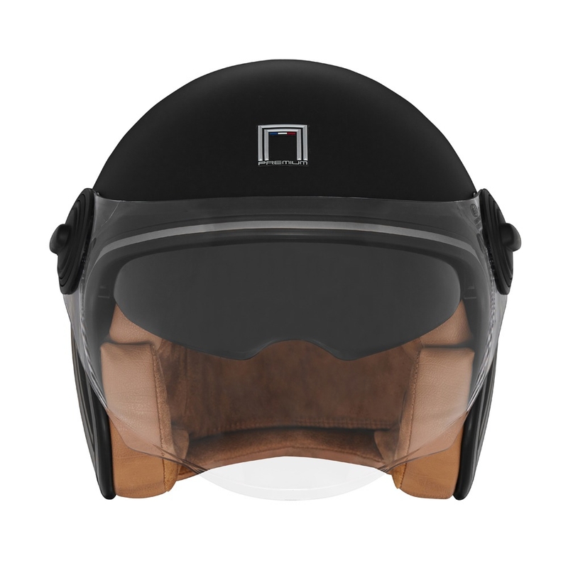 Casco da moto aperto NOX PREMIUM Heritage, nero opaco con inserti in pelle marrone.