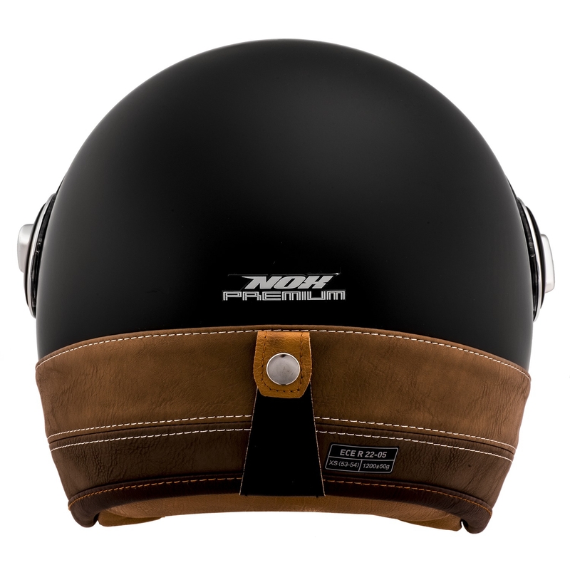 Casco da moto aperto NOX PREMIUM Heritage, nero opaco con inserti in pelle marrone.