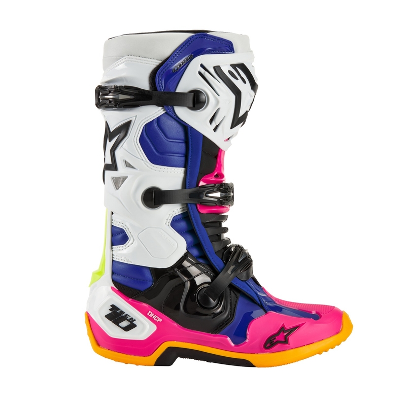 Alpinestars Tech 10 Limited Edition Coast bianco-blu scuro-rosa-giallo fluo-arancio-nero stivali da moto
