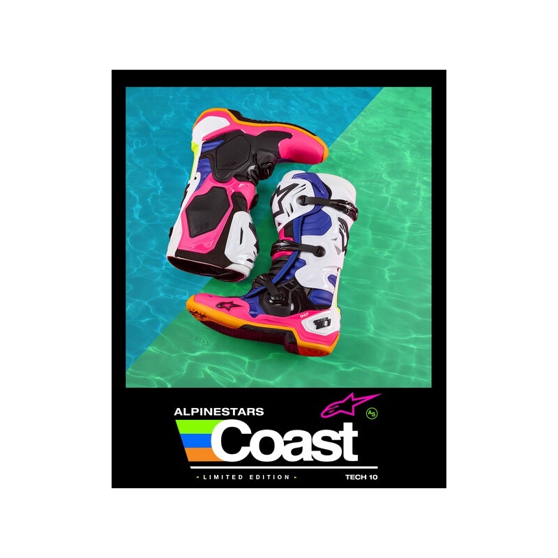 Alpinestars Tech 10 Limited Edition Coast bianco-blu scuro-rosa-giallo fluo-arancio-nero stivali da moto