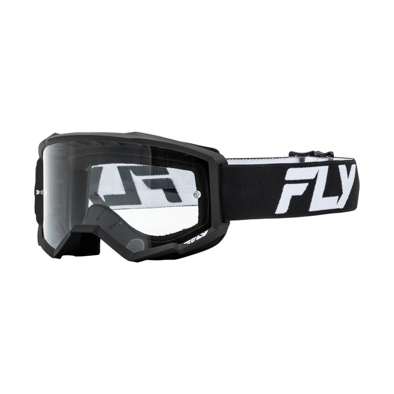 Occhiali da motocross FLY Racing Focus in bianco e nero con plexi trasparente
